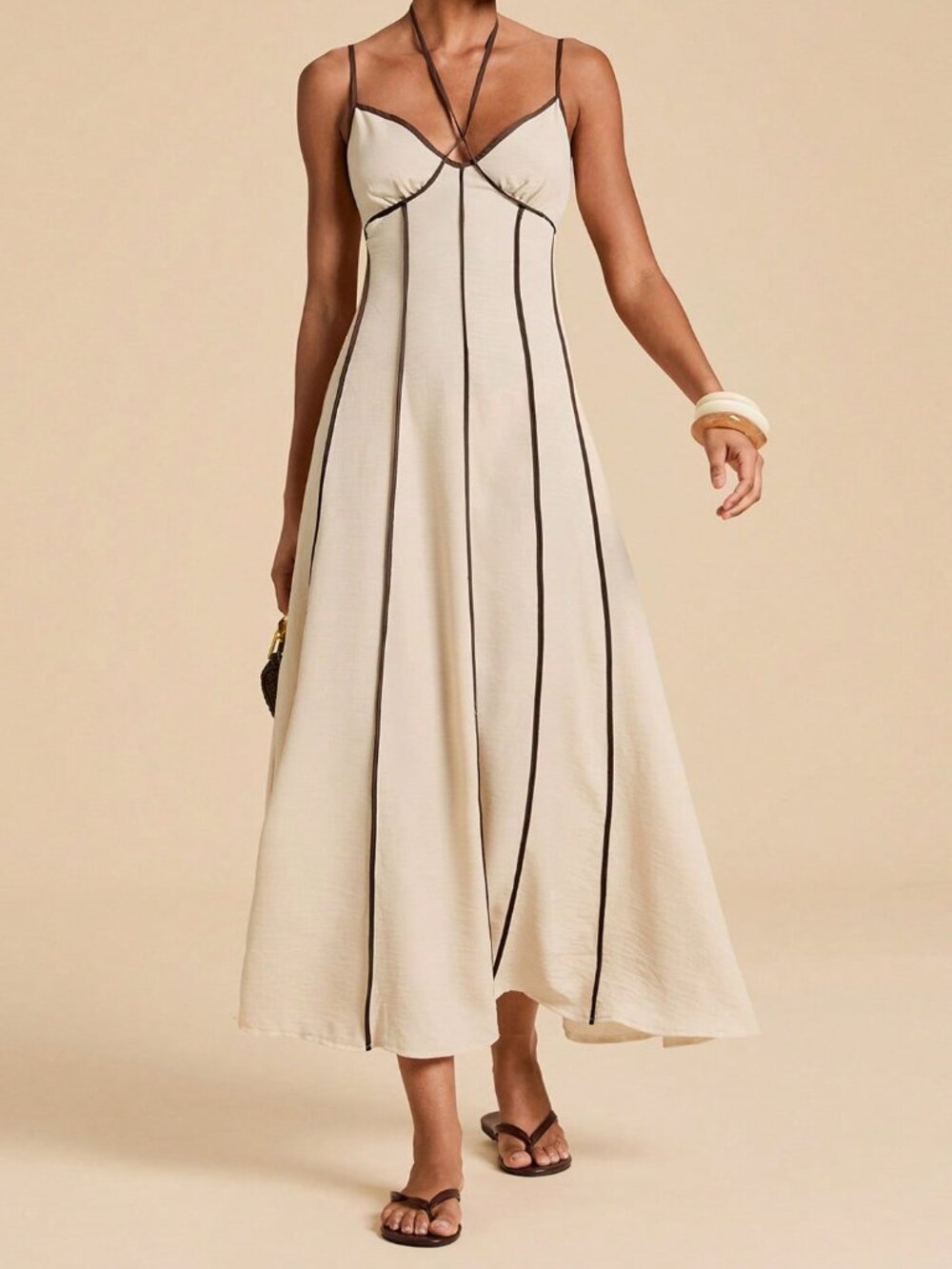 Apricot Elegant Women's Contrast Trim Backless Camisole Dress - Picture 4 of 8